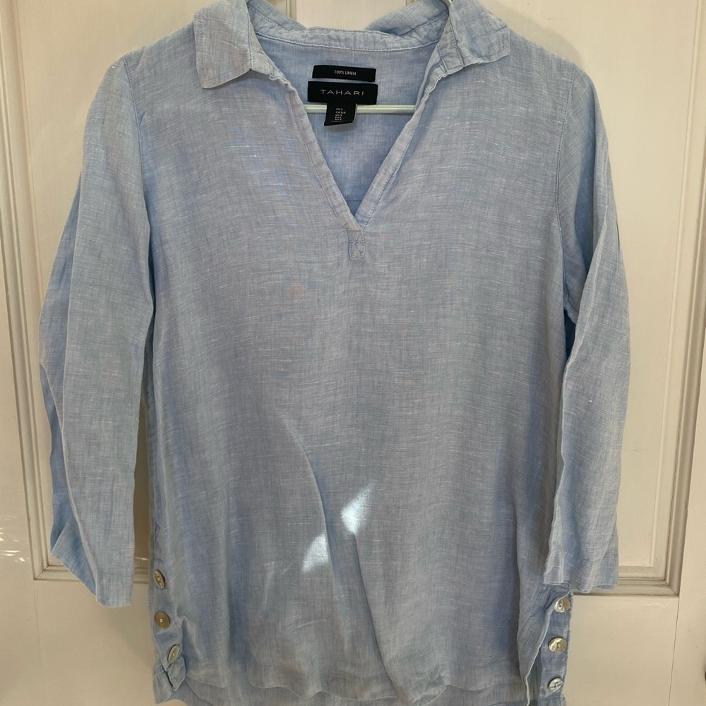Tahari 100% Linen Blue Tunic Top Small - Picture 2 of 8